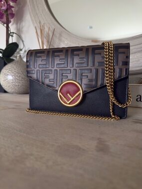 Authentic Fendi Black and Brown Monogram Crossbody with Red Accent